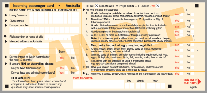 Incoming Passenger Card