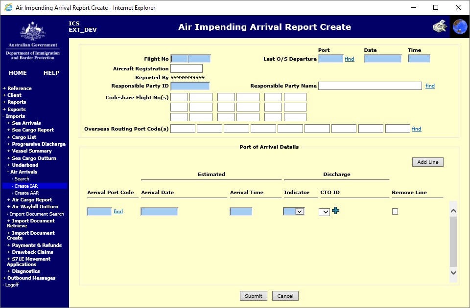 screen capture AIRIAR - AIR IMPENDING ARRIVAL REPORT interactive screen