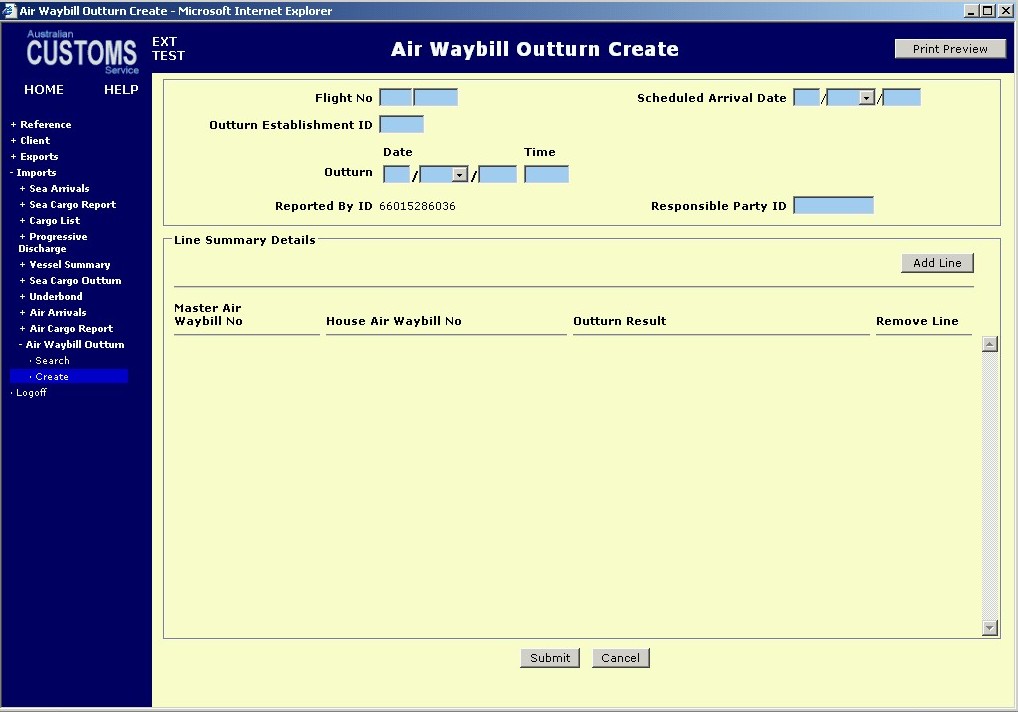 screen capture Air Waybill Outturn Report